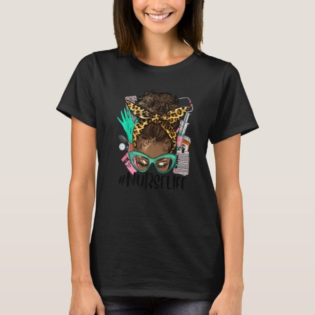 Black Nurse Life Afro Hair Messy Bun Leopard CNA N T-Shirt (Front)