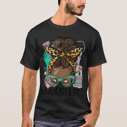 Black Nurse Life Afro Hair Messy Bun Leopard CNA N T_Shirt