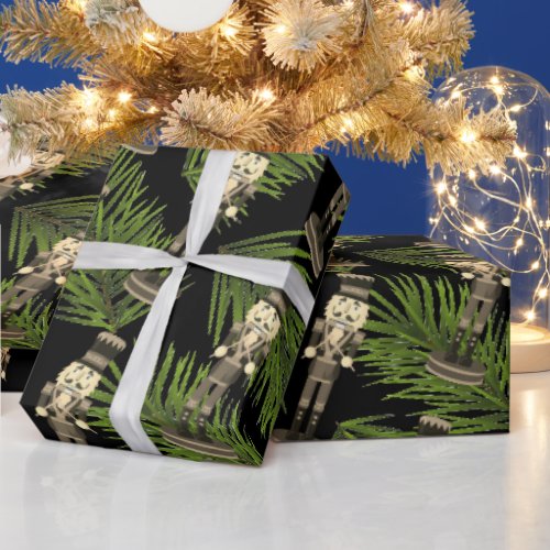 Black Nutcracker Soldier Green Spruce  Wrapping Paper