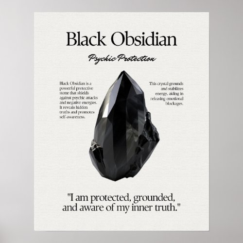 Black Obsidian Gem Crystal Meaning Card Poster