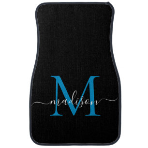 Black Ocean Blue Monogram Elegant Girly Script Car Floor Mat