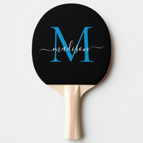 Black Ocean Blue Monogram Elegant Script Name Ping Pong Paddle