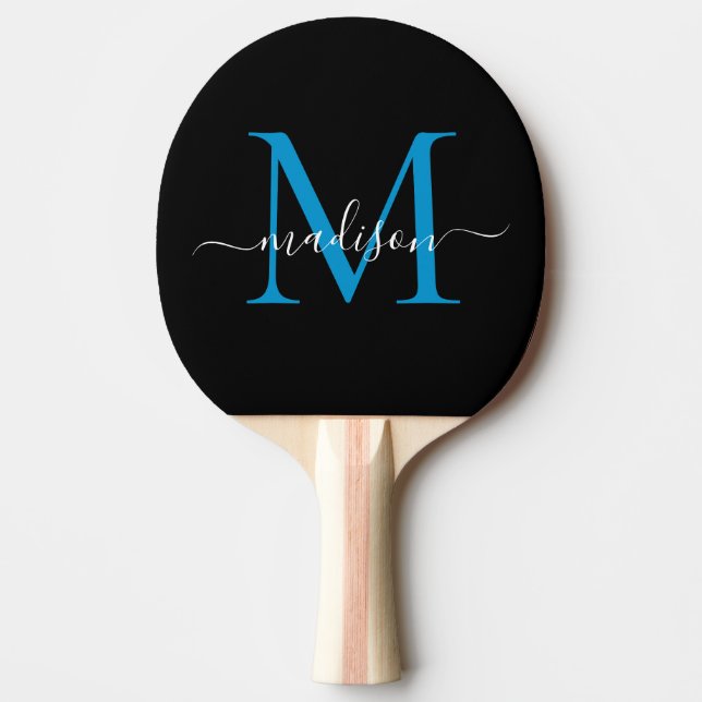 Black Ocean Blue Monogram Elegant Script Name Ping Pong Paddle (Front)
