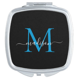 Black Ocean Blue Monogram Feminine Girly Script Compact Mirror