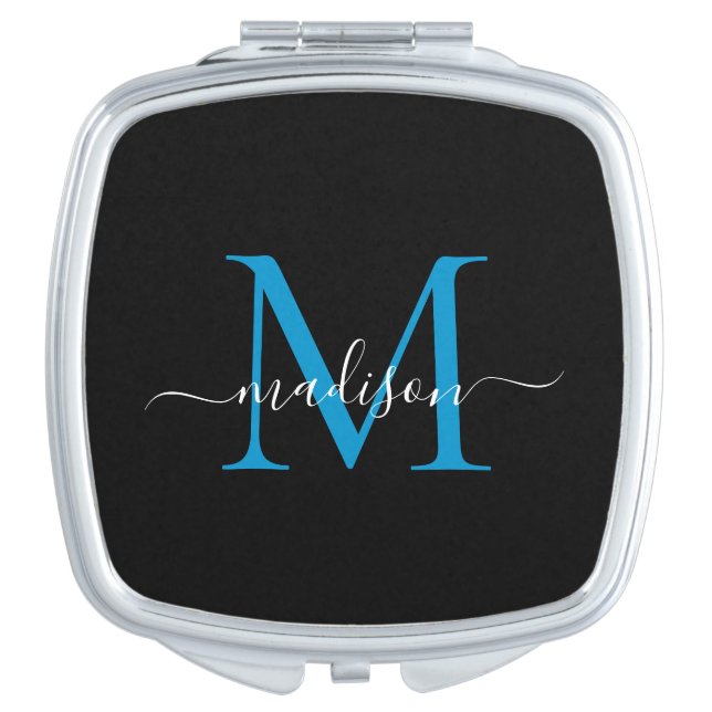 Black Ocean Blue Monogram Feminine Girly Script Compact Mirror (Front)