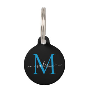 Black Ocean Blue Monogram Feminine Script Name Pet ID Tag