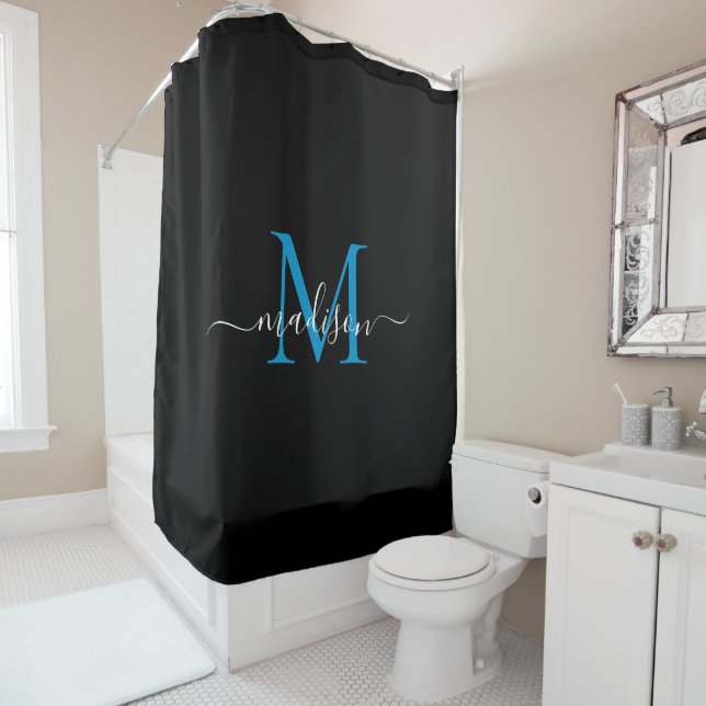Black Ocean Blue Monogram Feminine Script Name Shower Curtain (In Situ)