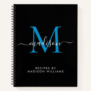 Black Ocean Blue Monogram Script Name Recipe Notebook
