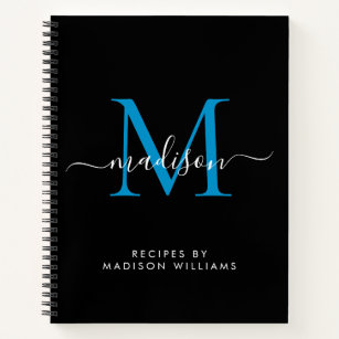 Black Ocean Blue Monogram Script Name Recipe Notebook