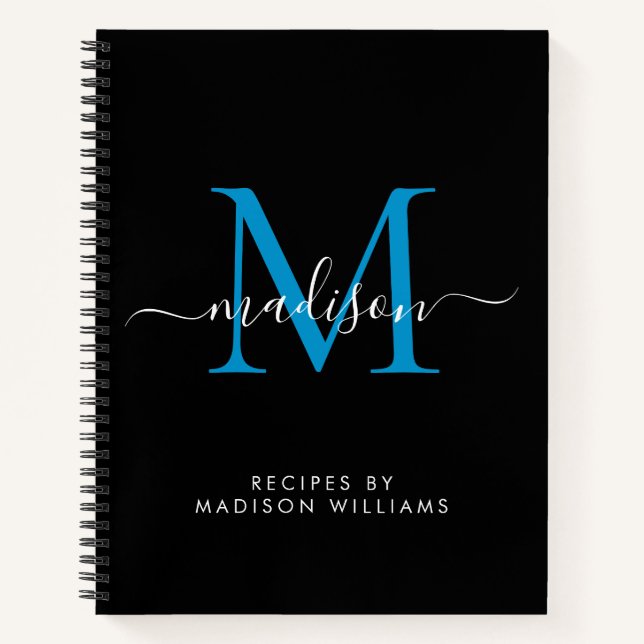 Black Ocean Blue Monogram Script Name Recipe Notebook (Front)