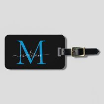 Black Ocean Blue Monogram Script Name Stylish Luggage Tag