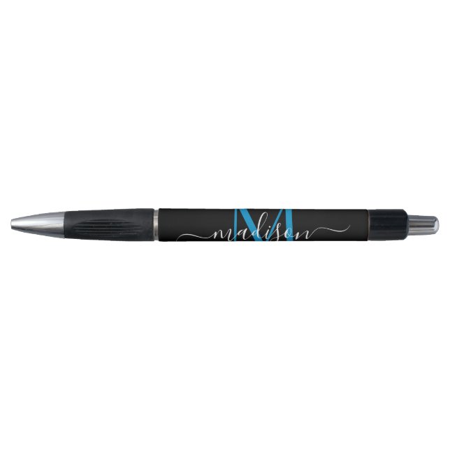 Black Ocean Blue Monogram Script Name Stylish Pen (Front)