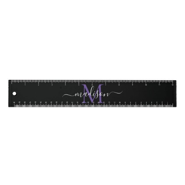 Black Ocean Purple Violet Monogram Script Name Ruler (Front)