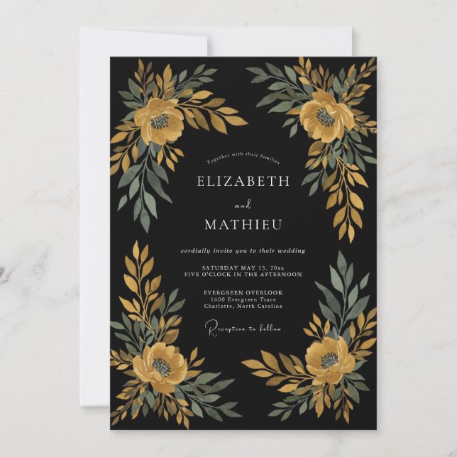 Black Ochre Leafy Wedding Invitation (Front)