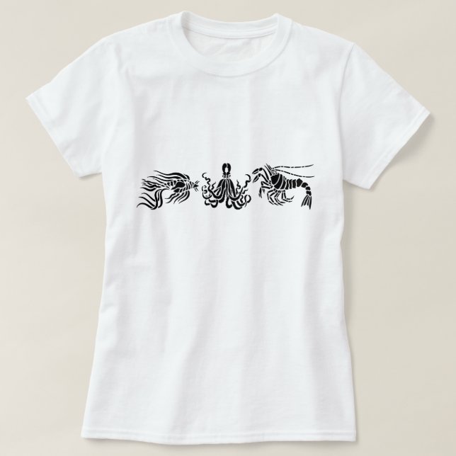 Black Octopus Lobster & Fish Illustration T-Shirt (Design Front)