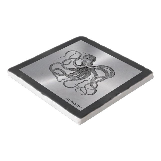 Black octopus on silver with black border trivet (Corner)
