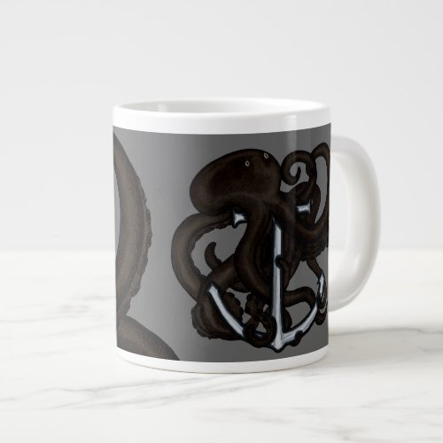 Black Octopus Over Anchor Giant Coffee Mug