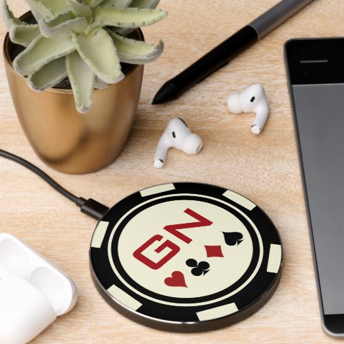 Black Off White Casino Poker Chip With Initials Wireless Charger