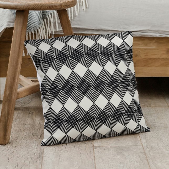 Black Off White Diamonds Plaid Circuit Pattern Throw Pillow (Creator Uploaded)