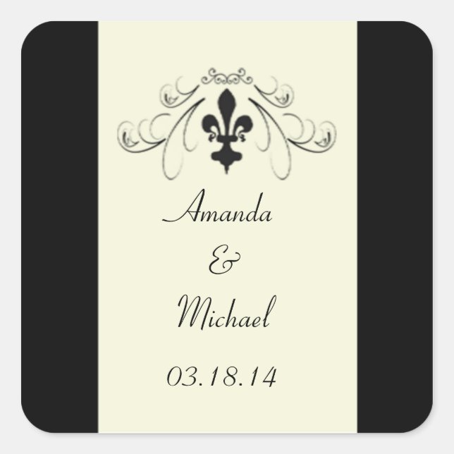 Black Off White Fleur de Lis Wedding Stickers (Front)
