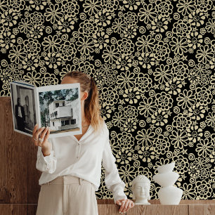 Black Off White Floral Retro Cottagecore Bohemian Wallpaper