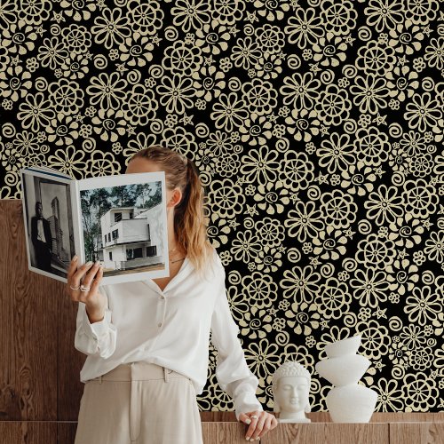 Black Off White Floral Retro Cottagecore Bohemian  Wallpaper