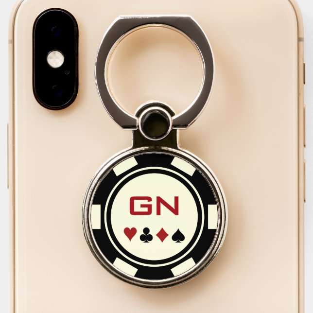 Black Off-White Poker Chip Casino Phone Ring Stand (Close Up)