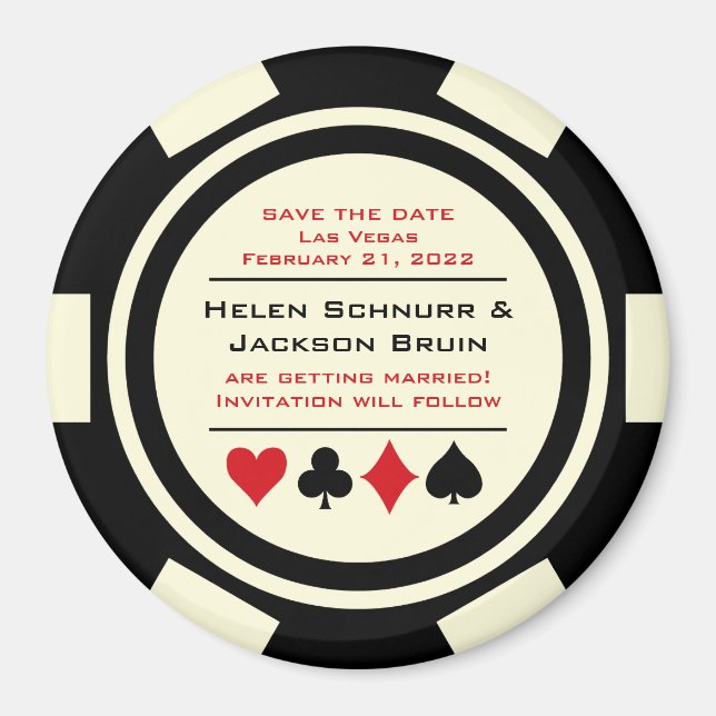 Black Off White Poker Chip Casino Save The Date Magnet (Front)
