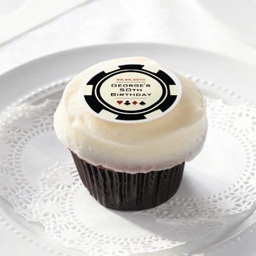 Black Off_White Poker Chip Casino Theme Birthday Edible Frosting Rounds