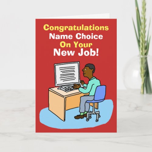 Black Office Worker at Computer New Job Card