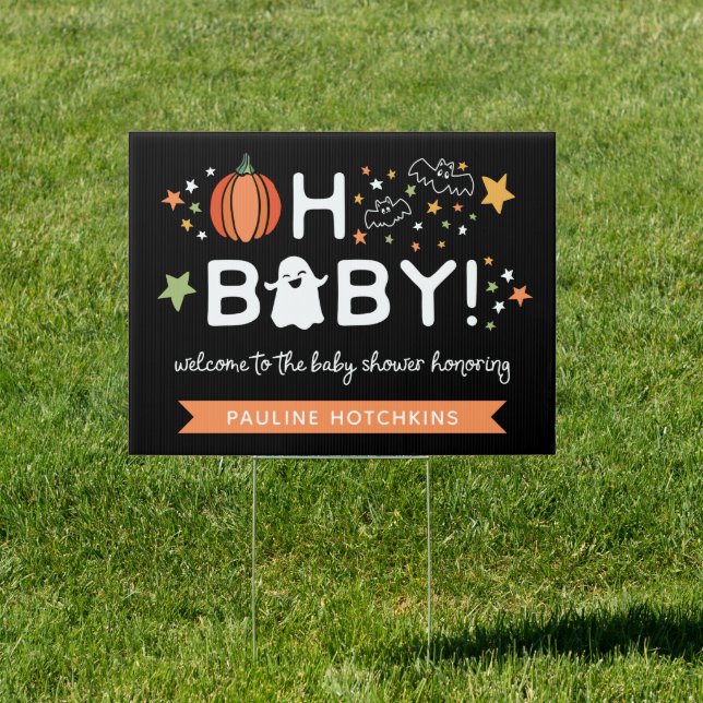 Black Oh Baby Halloween Baby Shower Welcome Sign (Insitu)