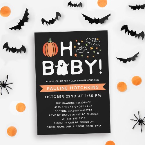 Black Oh Baby Pumpkin Halloween Baby Shower Invitation