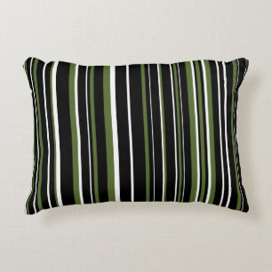 Black, Olive Green, and White Barcode Stripe Accent Pillow