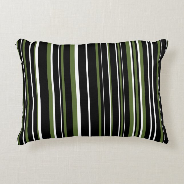 Black, Olive Green, and White Barcode Stripe Accent Pillow (Front)