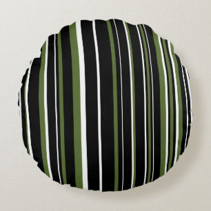 Black, Olive Green, and White Barcode Stripe Round Pillow