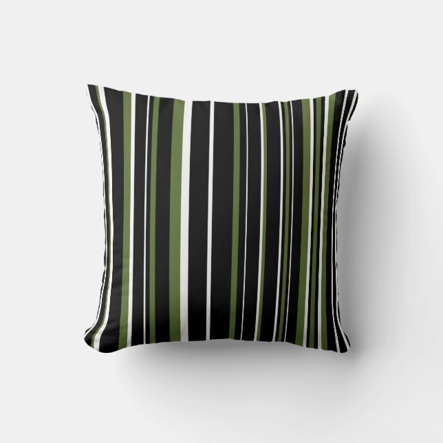 Black, Olive Green, and White Barcode Stripe Throw Pillow (Front)