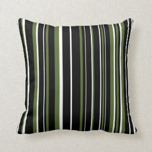 Black, Olive Green, and White Barcode Stripe Throw Pillow