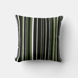 Black, Olive Green, and White Barcode Stripe Throw Pillow
