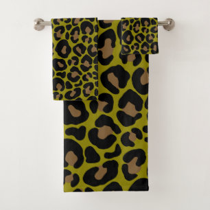 black &olive green Animal print leopard Bath Towel Set