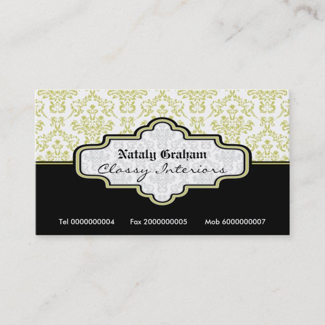 Black olive green white damask interiors business card (Front)