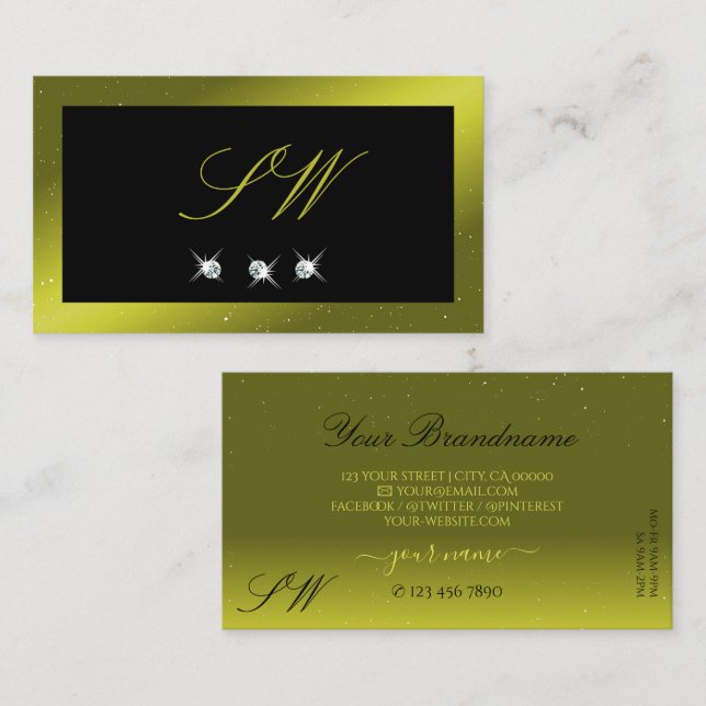 Black Olive Green Yellow Sparkling Jewels Initials Business Card (Front/Back)