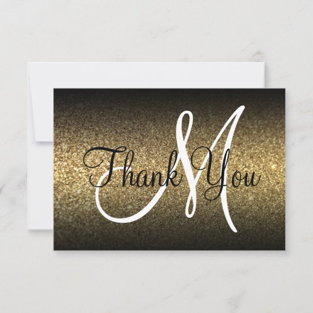 Black Ombre Gold Glitter Monogram Thank You Card (Front)