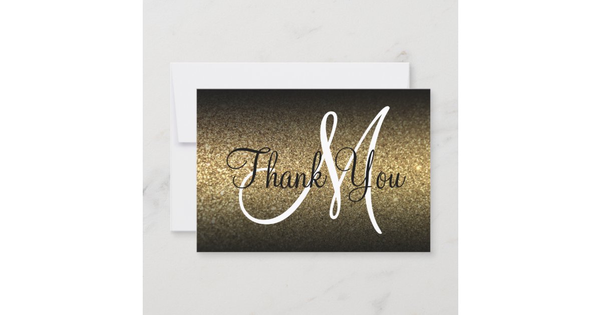 Black Ombre Gold Glitter Monogram Thank You Card | Zazzle