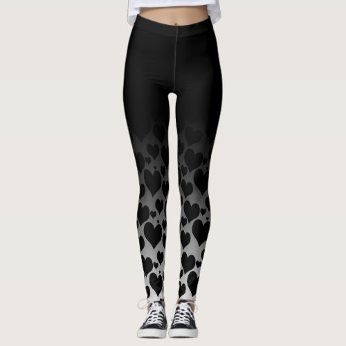 Black Ombre Hearts Valentine Pattern on White Leggings