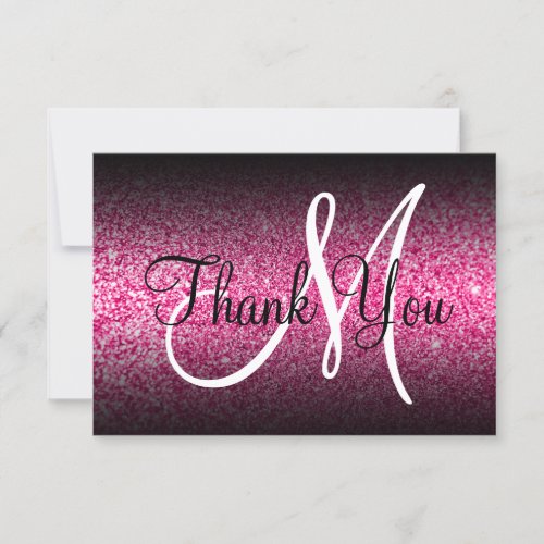 Black Ombre Hot Pink Glitter Monogram Thank You Card