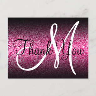 Black Ombre Hot Pink Glitter Monogram Thank You Postcard