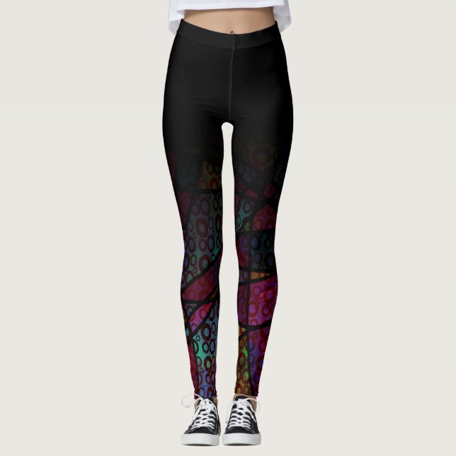 Black Ombre Over Colorful Line & Circle Abstract Leggings (Front)