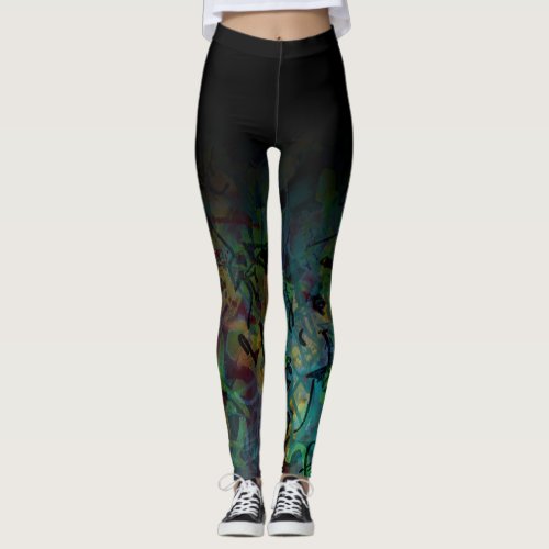 Black Ombre Over Multicolored Abstract Art Leggings