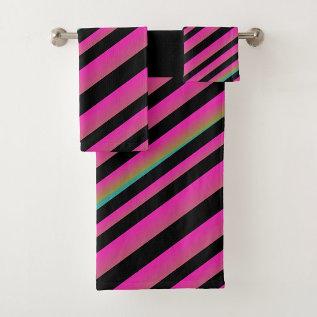 Black Ombre Rainbow Stripes Hot Pink Bath Towel Set (Insitu)