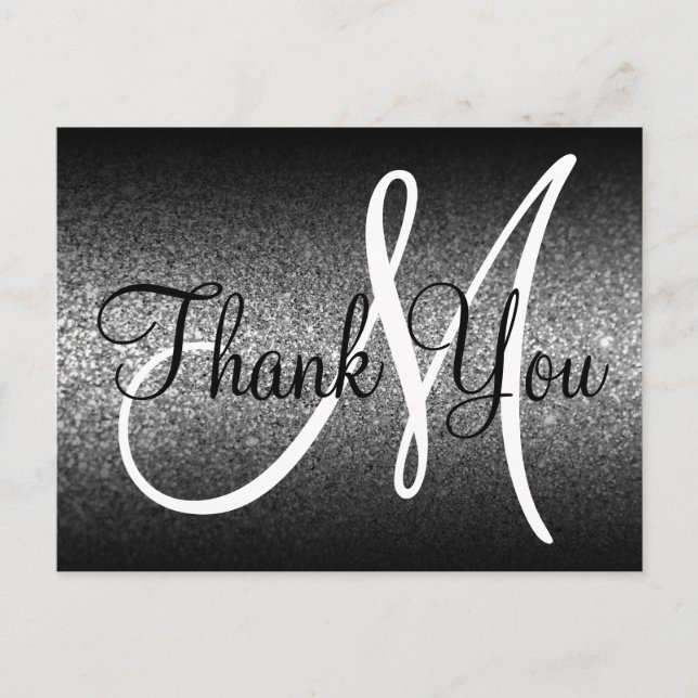 Black Ombre Silver Glitter Monogram Thank You Postcard (Front)